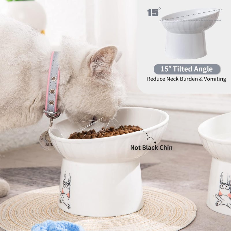 OMAYKEY 6.5 Inch Extra Wide Ceramic Raised Cat Bowls, Porcelain Tilted Elevated Cat Food Water Bowl Dish, Stress Free Pet Feeder Bowls Dishes for Elder Big Cats & Small Dogs, White - 2 Pack - Image 5